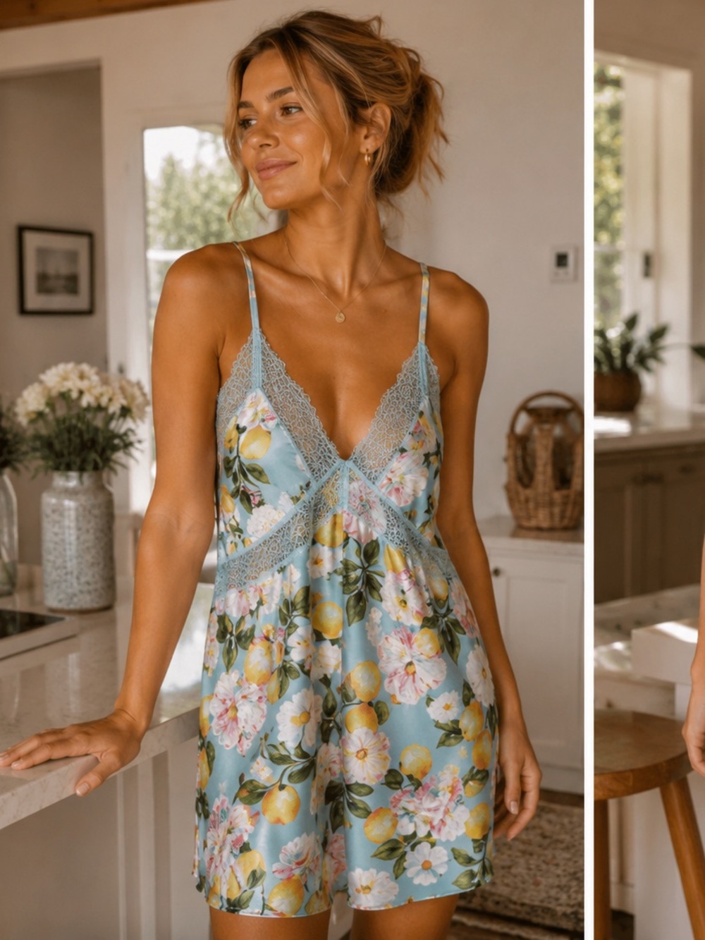 Floral Lace-Trim Satin Chemise - Blue